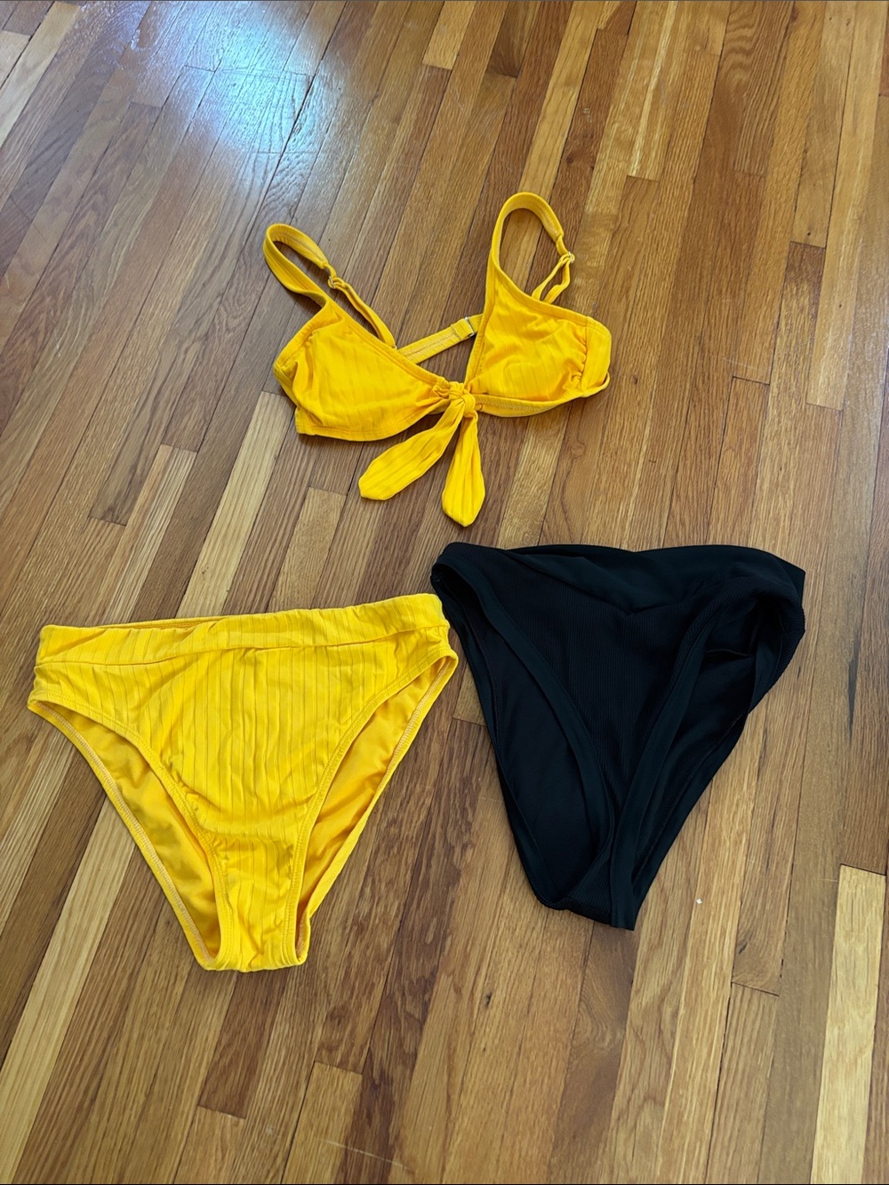 Two-Piece Bikini Set - Yellow Top & Black High-Waist Bottom